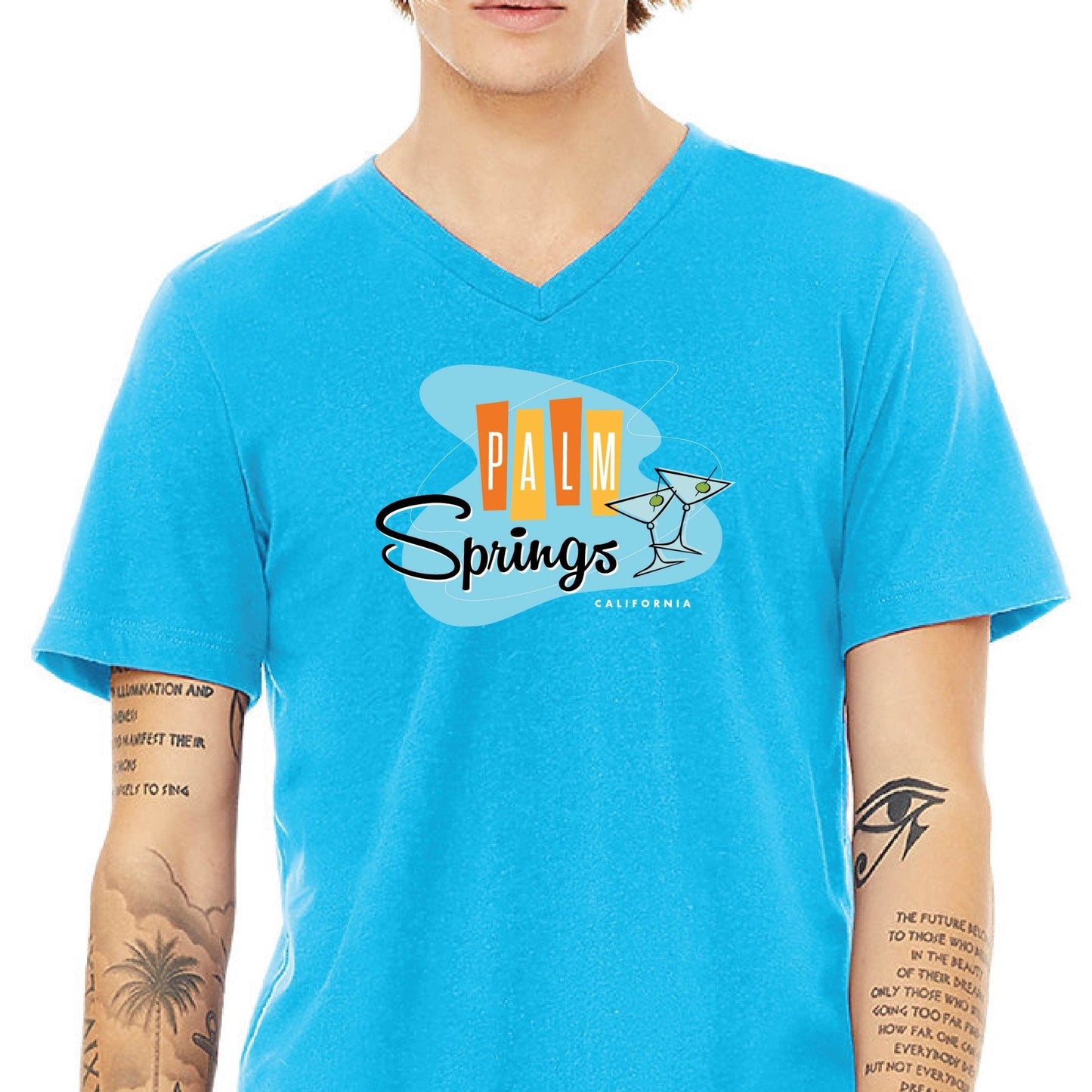 Unisex V-neck Shirt - Palm Springs Retro Martini - Neon Blue