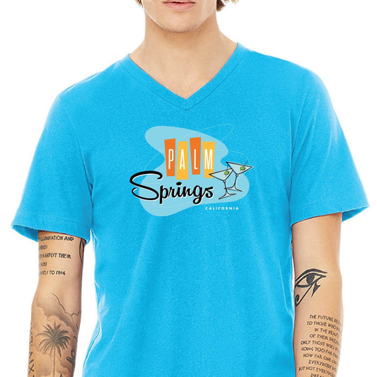 Unisex V-neck Shirt - Palm Springs Retro Martini - Neon Blue